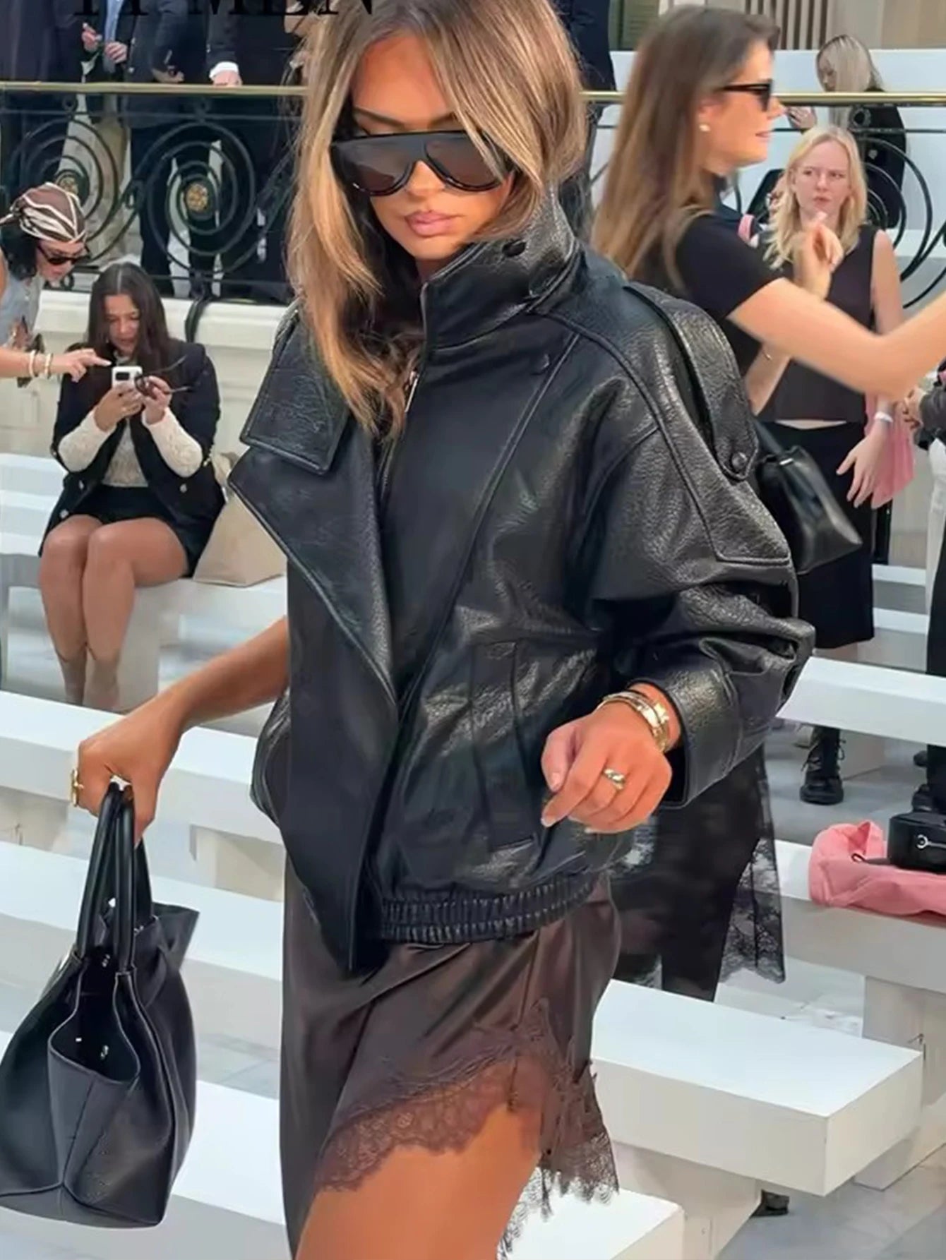 TFMLN Chic Black Faux Leather Jacket for Women