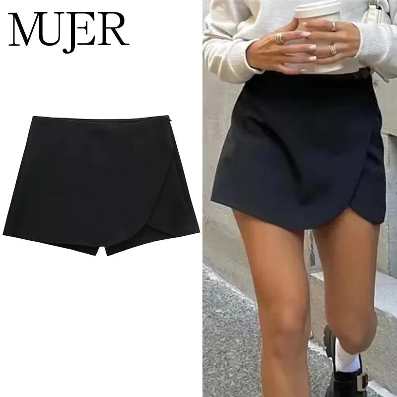 Black Asymmetric Mini Skort – High Waist Summer Shorts