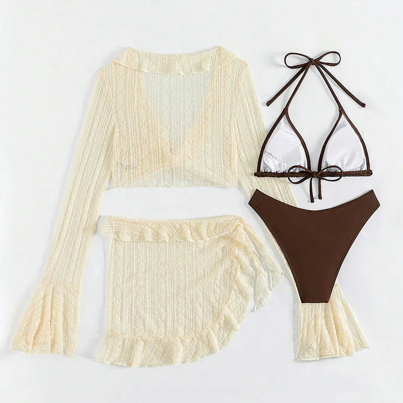 Women's 4-Piece Bikini Set with Cover-Up – Solid Swimwear