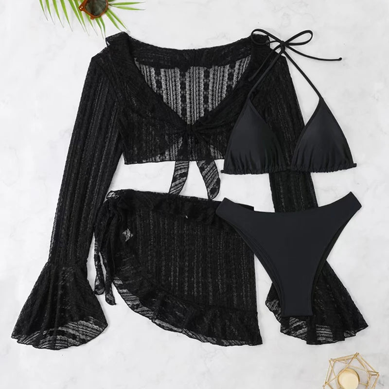 Women's 4-Piece Bikini Set with Cover-Up – Solid Swimwear