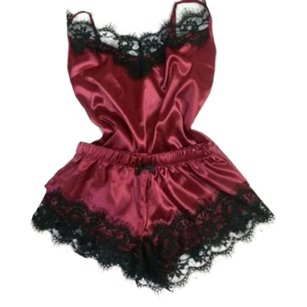 Women's Lace Silk Pajama Set – Cami Top & Shorts Sleepwear