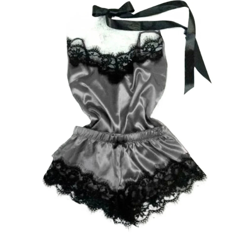 Women's Lace Silk Pajama Set – Cami Top & Shorts Sleepwear