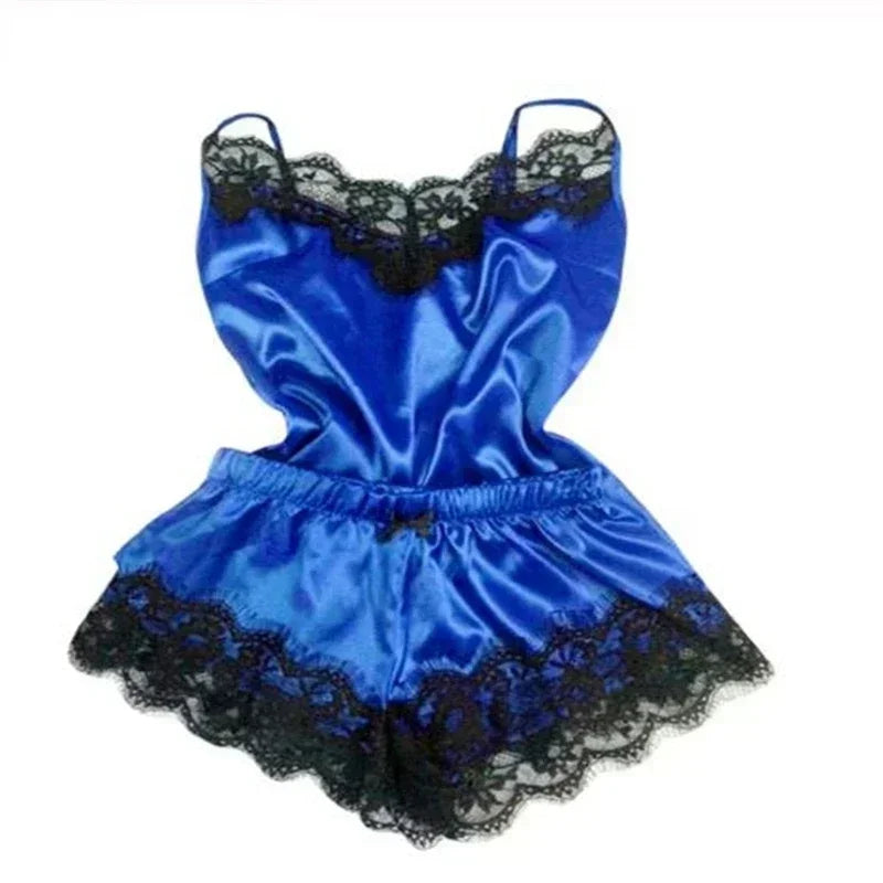 Women's Lace Silk Pajama Set – Cami Top & Shorts Sleepwear