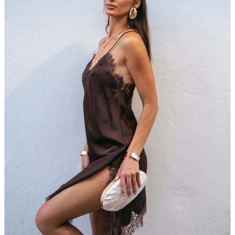 Satin Lace Backless Mini Dress for Women - Summer Party