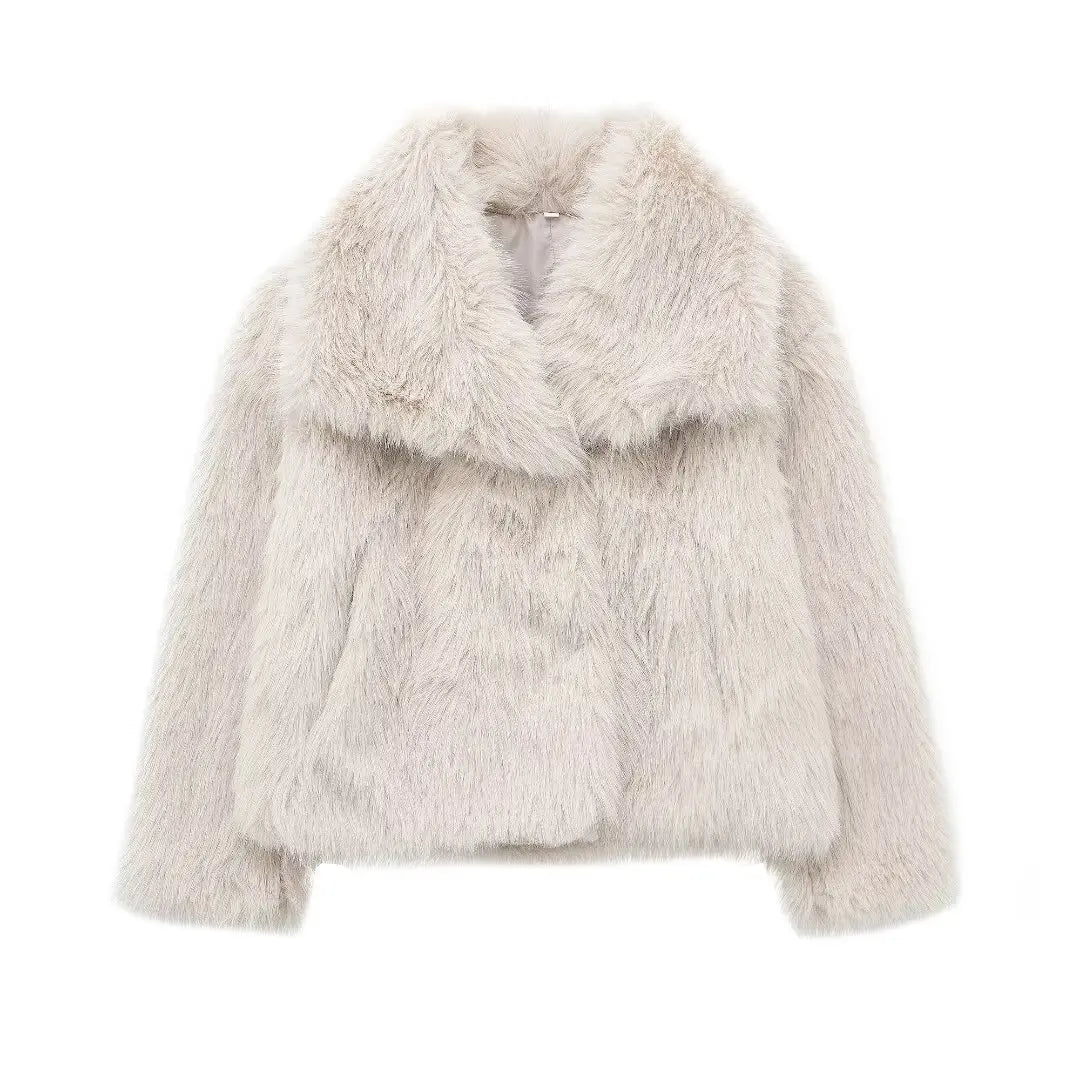 Women's Chic Cropped Faux Fur Jacket with Snap Buttons