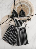 2026 new style boxer shorts mesh three-piece women's swimsuit neck lace-up bikini set
