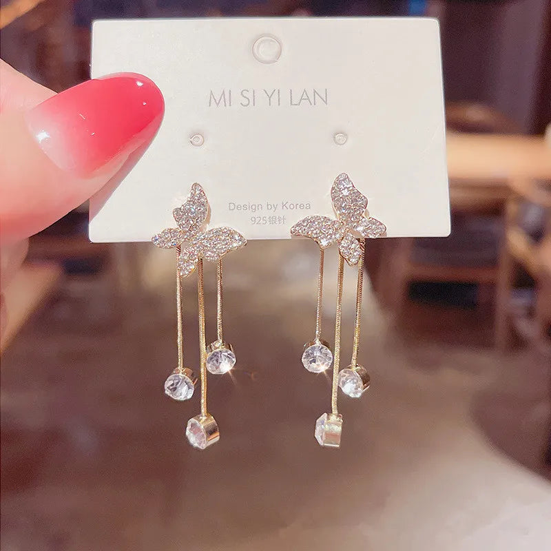 Shiny White Crystal Tassel Earrings for Women Personality Fashion Summer Accessories Party Jewelry Birthday Anniversary Gifts