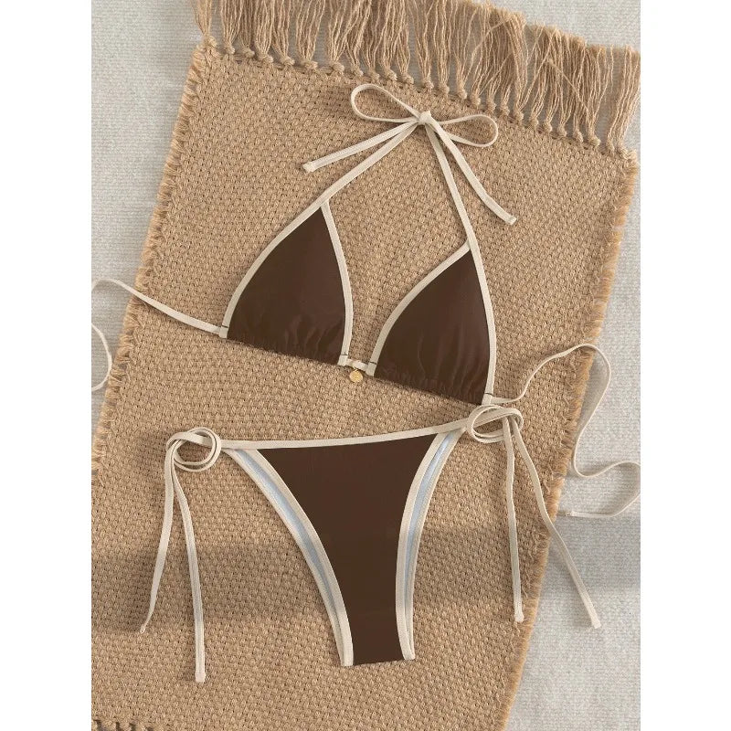 European and American Style Women's New Color Blocked Edge Tied Triangle Sexy Fashion Split Bikini Beach Vacation Swimsuit
