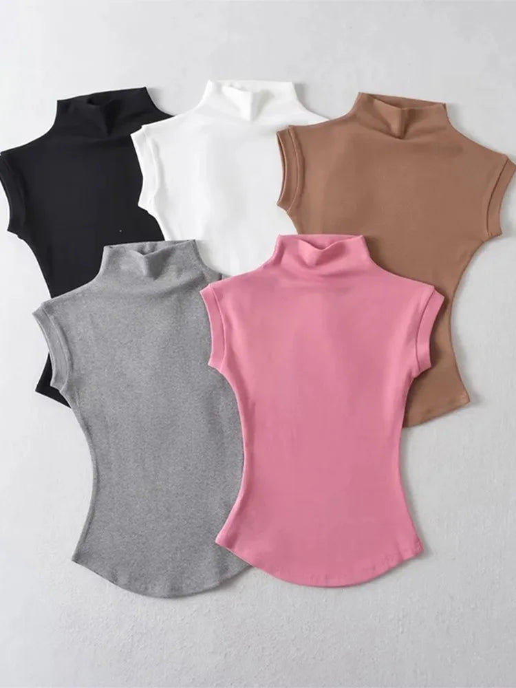 Women's Slim Fit Turtleneck Sleeveless T-Shirt - Streetwear