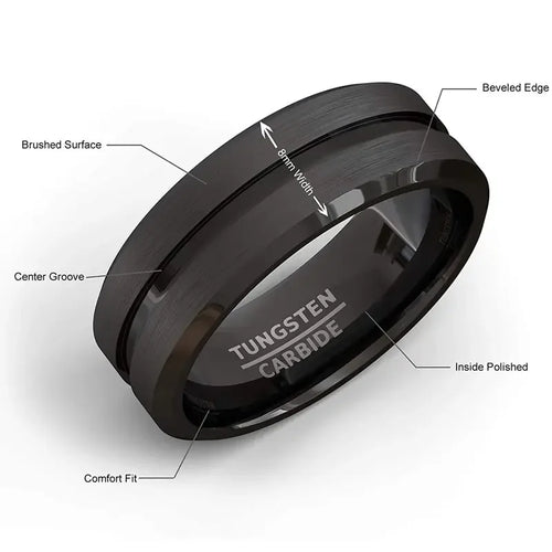 8mm Stainless Steel Black Groove Matte Ring â€“ Wedding & Engagement
