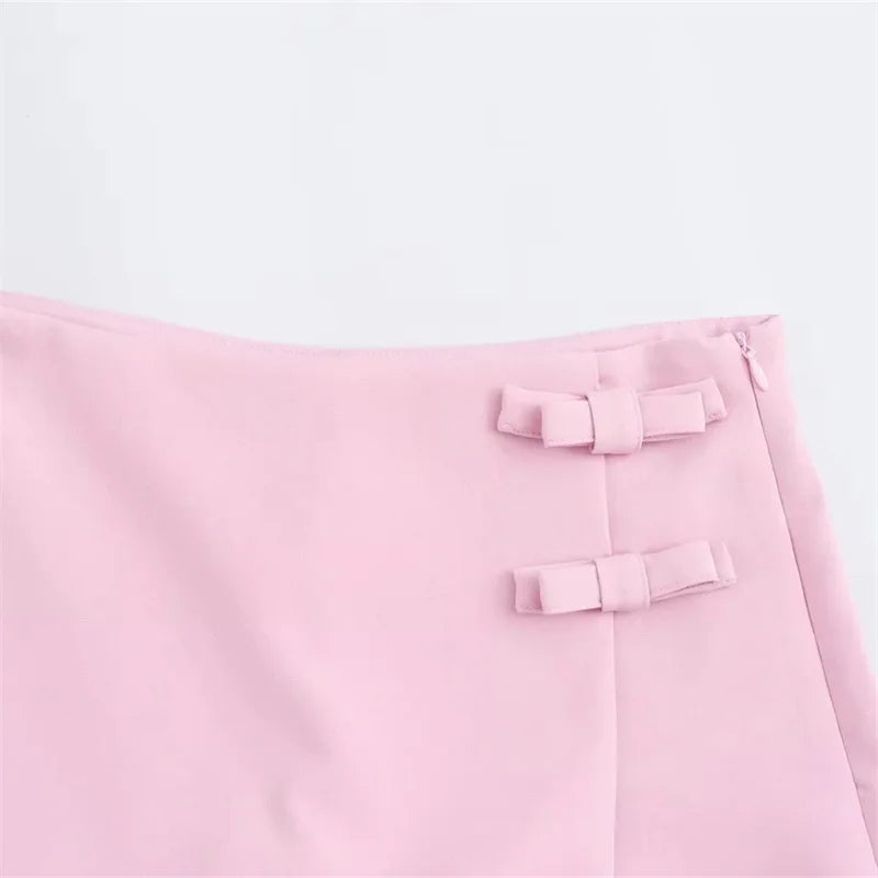Pink Bow Mini Skirt – Women's High Waist Slit Skort