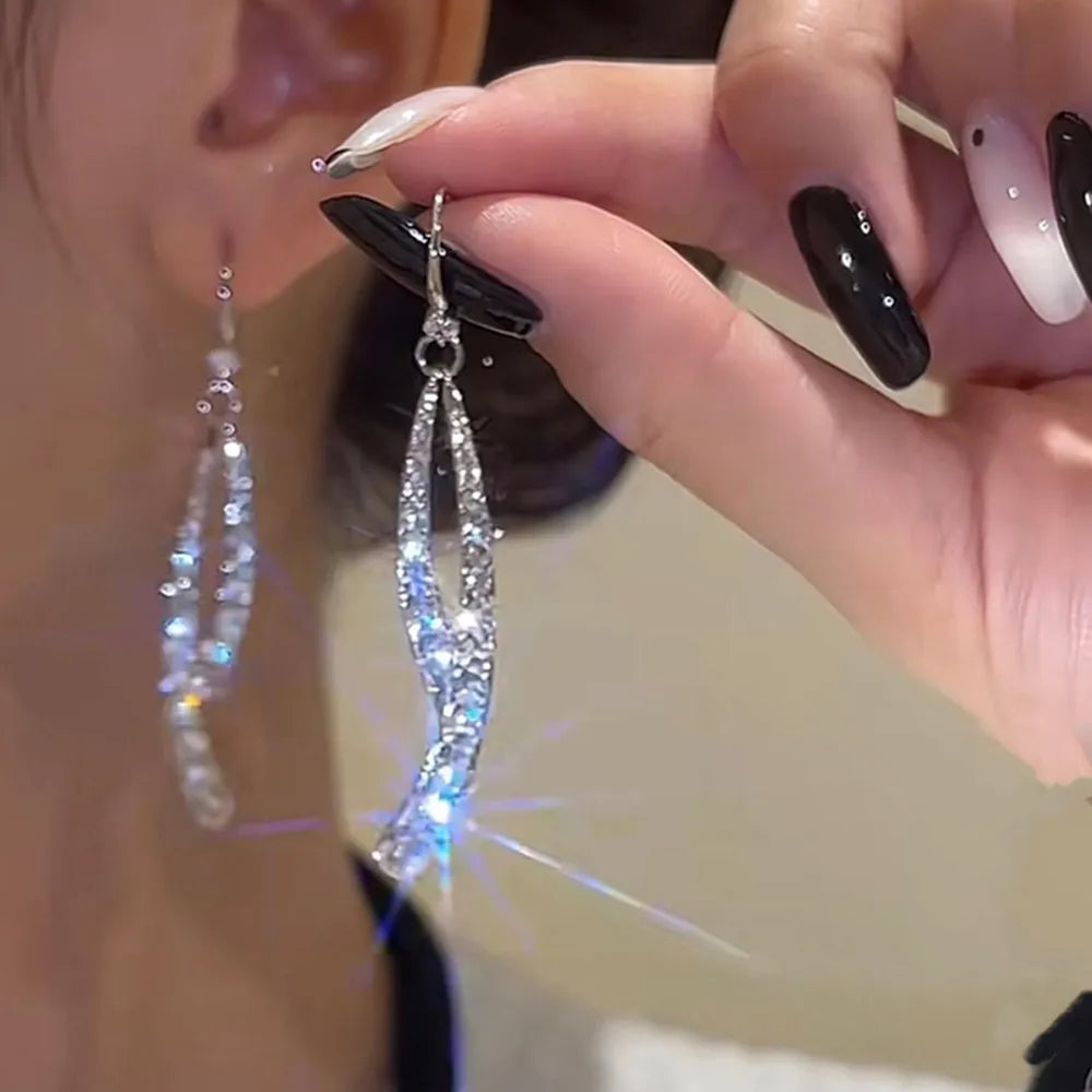 Shiny White Crystal Tassel Earrings for Women Personality Fashion Summer Accessories Party Jewelry Birthday Anniversary Gifts