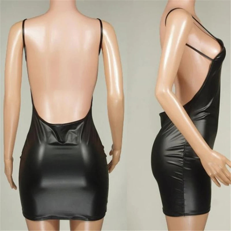 Faux Leather Backless Bodycon Mini Dress – Women's Sleeveless V-Neck