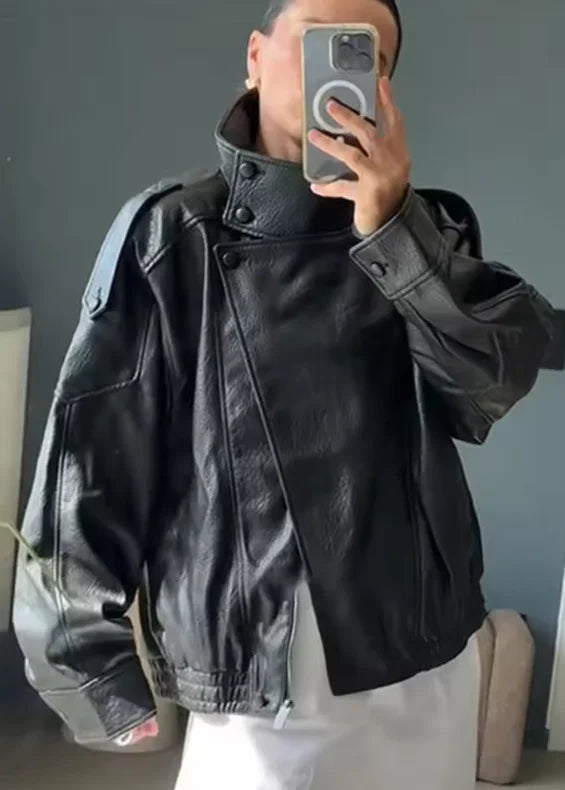 Women's Black Faux Leather Motorcycle Jacket - Fall 2025