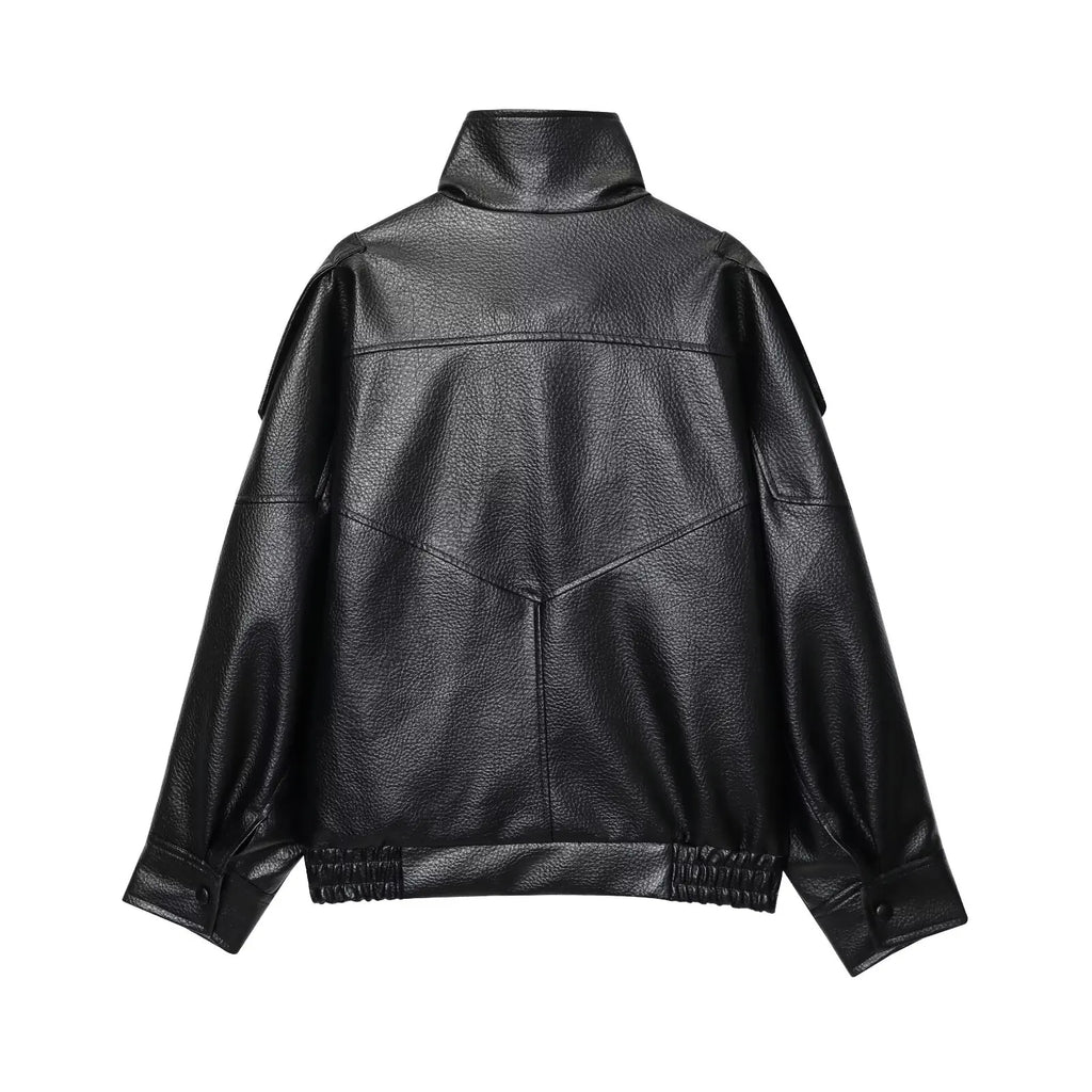 TFMLN Chic Black Faux Leather Jacket for Women