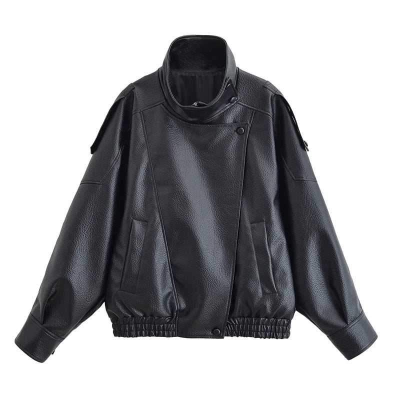 Women's Black Faux Leather Motorcycle Jacket - Fall 2025