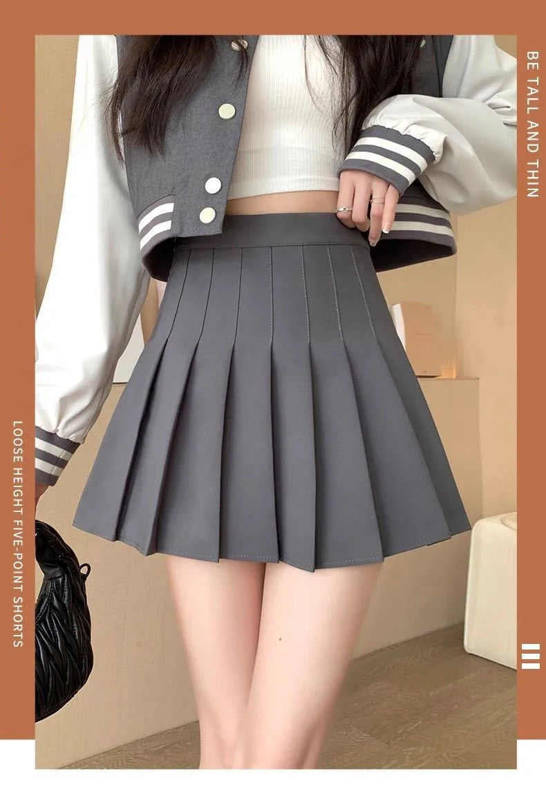 Pleated Mini Skirt with Shorts – High Waist A-Line Skater Skort