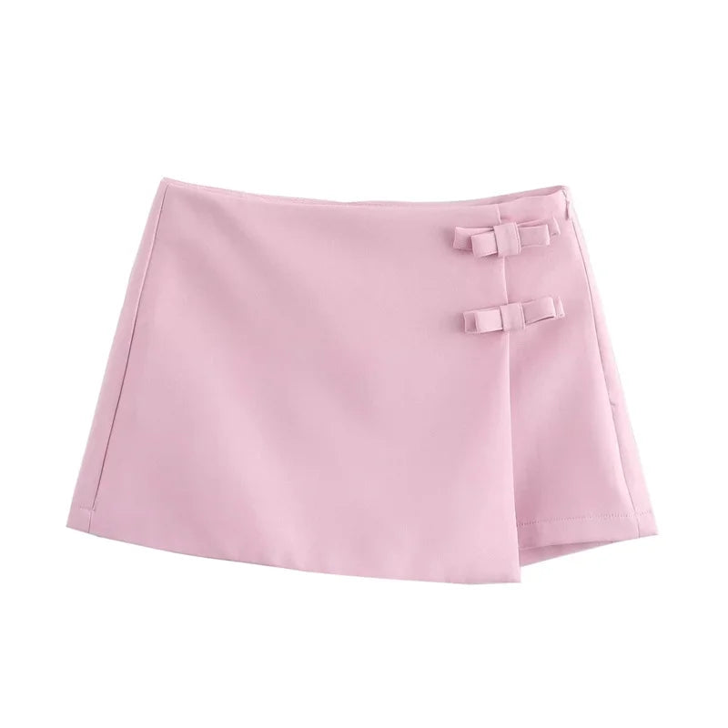 Pink Bow Mini Skirt – Women's High Waist Slit Skort