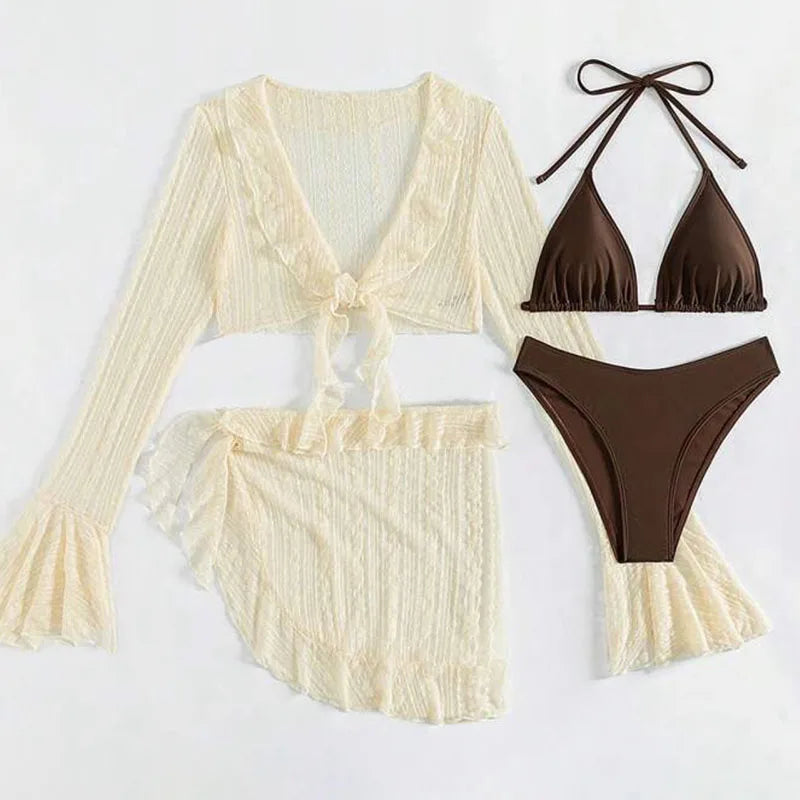 Women's 4-Piece Bikini Set with Cover-Up – Solid Swimwear