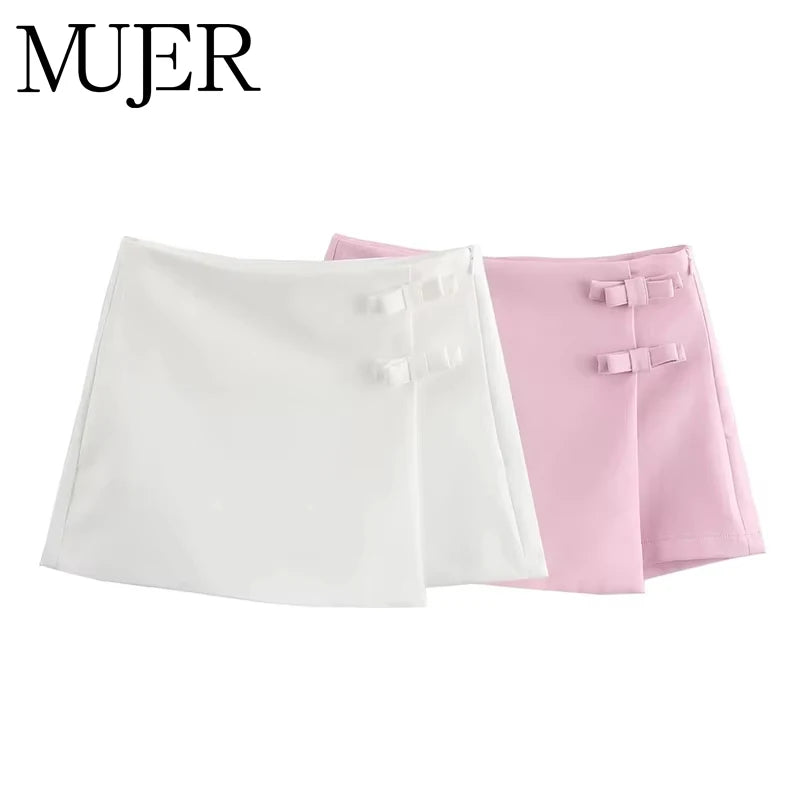 Pink Bow Mini Skirt – Women's High Waist Slit Skort