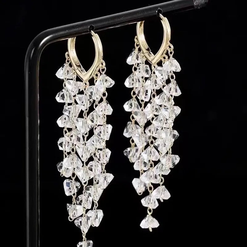 Shiny White Crystal Tassel Earrings for Women Personality Fashion Summer Accessories Party Jewelry Birthday Anniversary Gifts