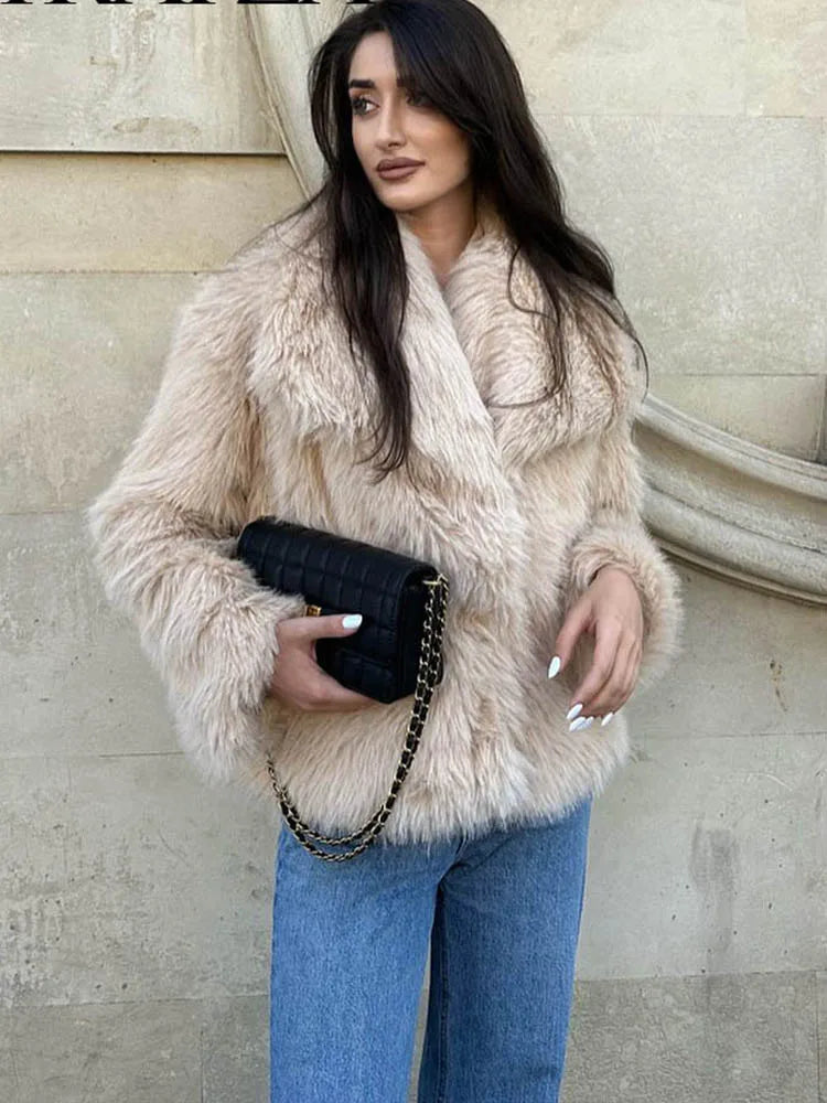 Women's Chic Cropped Faux Fur Jacket with Snap Buttons