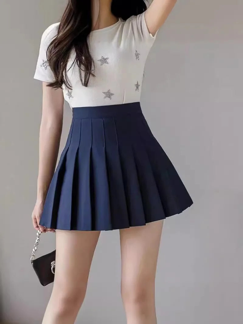 Pleated Mini Skirt with Shorts – High Waist A-Line Skater Skort