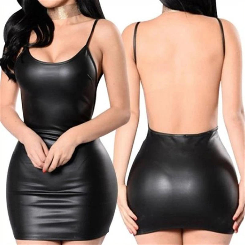 Faux Leather Backless Bodycon Mini Dress – Women's Sleeveless V-Neck