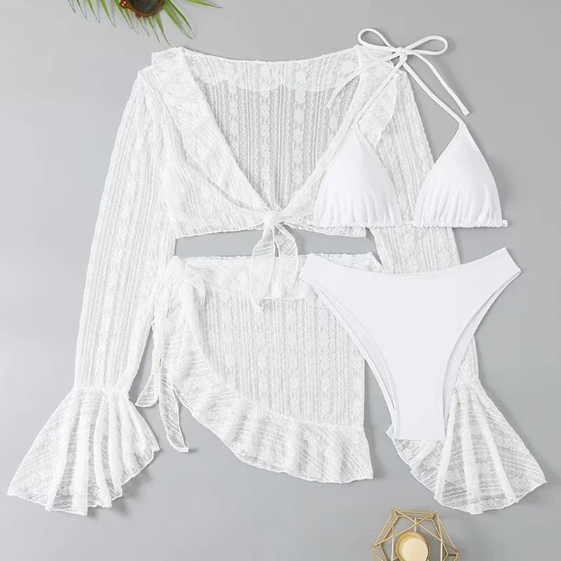 Women's 4-Piece Bikini Set with Cover-Up – Solid Swimwear