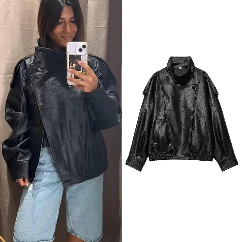 TFMLN Chic Black Faux Leather Jacket for Women
