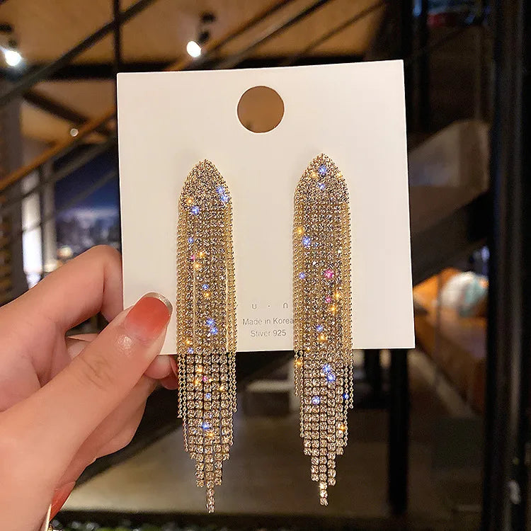 Shiny White Crystal Tassel Earrings for Women Personality Fashion Summer Accessories Party Jewelry Birthday Anniversary Gifts