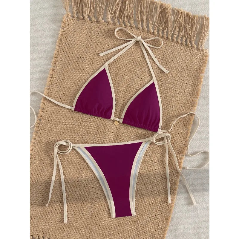 European and American Style Women's New Color Blocked Edge Tied Triangle Sexy Fashion Split Bikini Beach Vacation Swimsuit