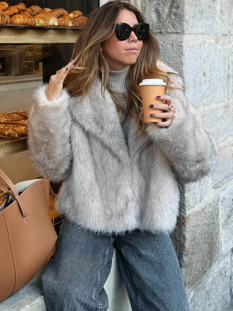 Women's Chic Cropped Faux Fur Jacket with Snap Buttons