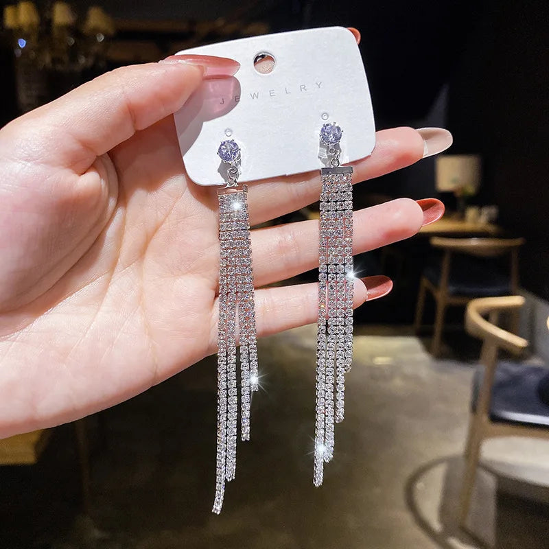 Shiny White Crystal Tassel Earrings for Women Personality Fashion Summer Accessories Party Jewelry Birthday Anniversary Gifts