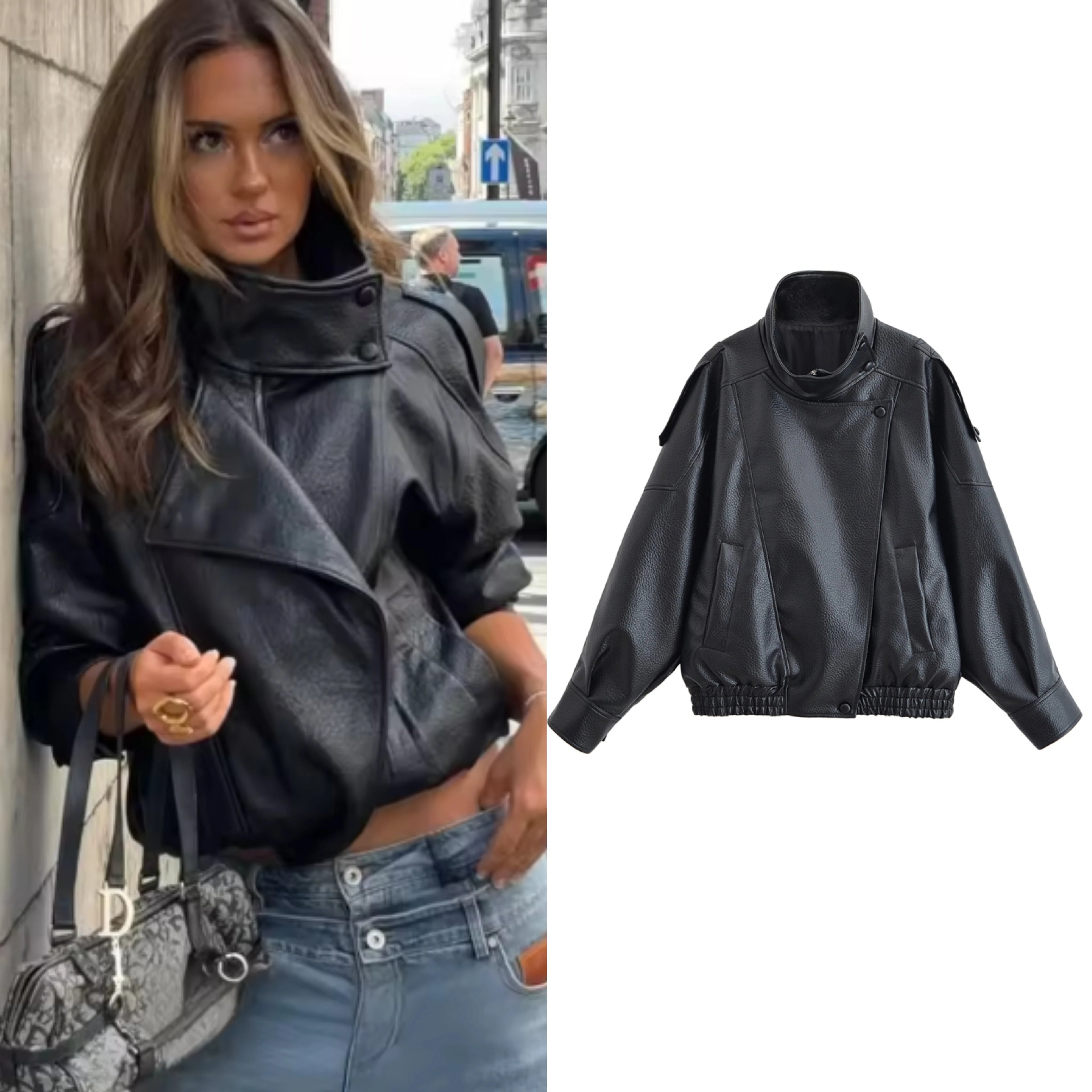 Women's Black Faux Leather Motorcycle Jacket - Fall 2025