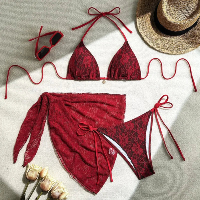 Lace Sexy Bikinis Female Swimsuits Women Three-Piece Swimwear Beach Swimming Wear Bathing Suits Brazilian Bikini Set Pool Bather